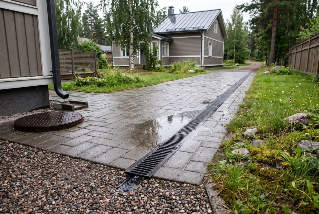 Ritilällä peitetty hulevesikouru omakotitalon pihatiellä sateen jälkeen
