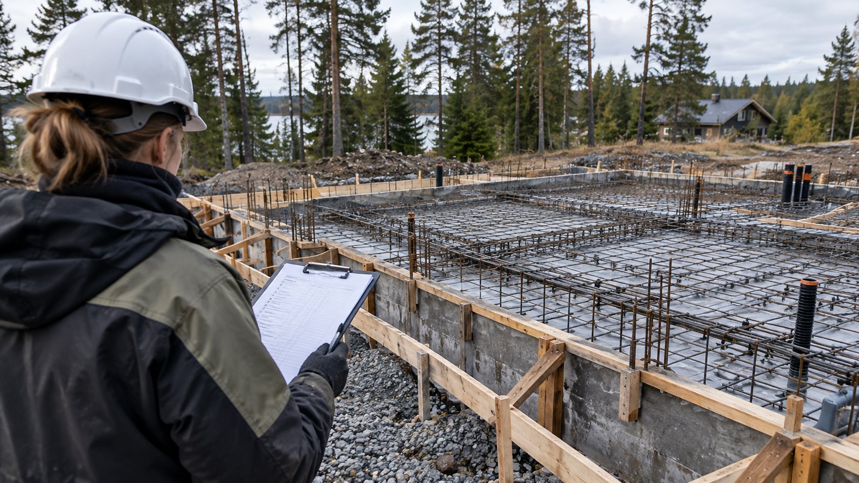 Vastaava työnjohtaja tarkastaa omakotitalon perustusten raudoituksen ennen valua